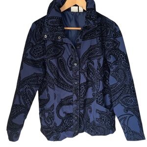Chicos Blue jacket Paisley warm medium raised velvet design front pockets